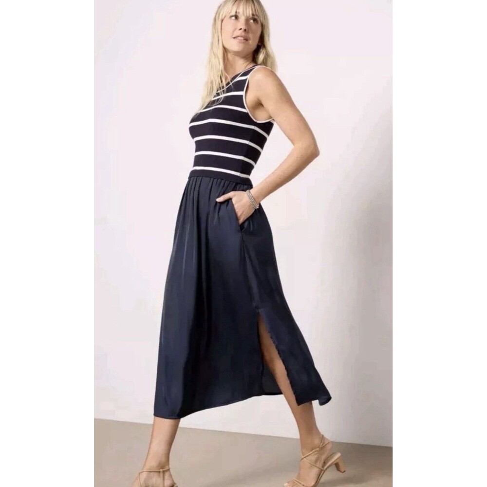 Evereve Wrenly Tank Dress Size XS Blue Knit Satin White Stripe